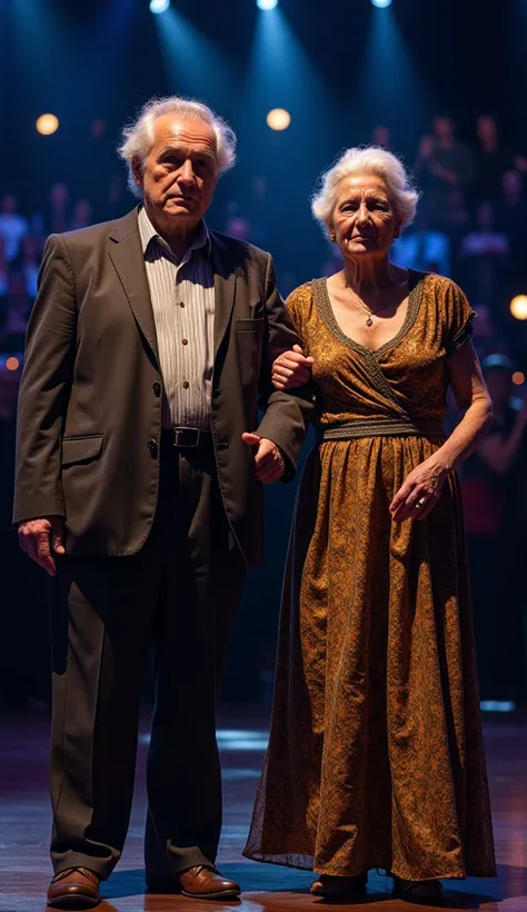 full-length portrait at the center of the stage of a TV show remains Americas Got Talent, an elderly couple ,  an elderly man and an elderly woman dressed in poor clothing standing side by side with expressions of shame, dramatic lighting, cinematic compos...