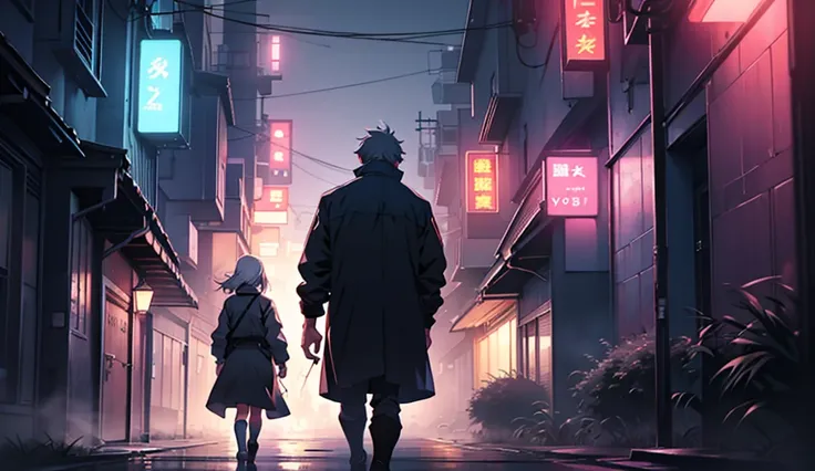 Backward Facing Girl Boy Anime 8K HD High Resolution Walking in Foggy Night