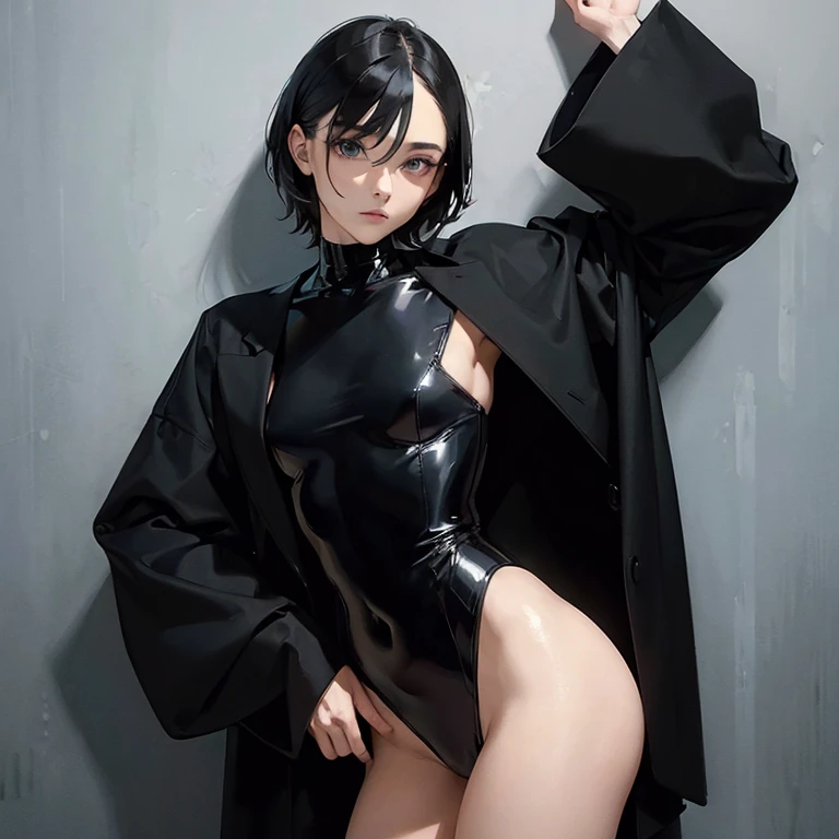 (  Masterpiece  ,  top quality:1.5)、（8k）、Leaning against the wall,   androgynous  person,  wearing black contemporary clothes ,  androgynous , Wearing black clothes, Tight black clothes, Wearing black clothesいました, Total body length, Woman&#39;s whole body、...