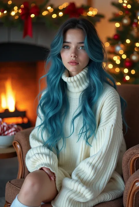  Classic White Sweater Dress
A cozy and festive Christmas scene featuring a 20 years old young girl with blue and white hair, long flowing blue hair with subtle dark strands, very long wavy azure blue hair, long blue hair, beautiful woman with blue hair, f...