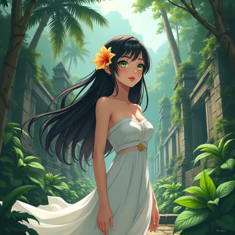 anime girl with long hair, white tropical sleeveless dress, simple dress, strapless tropical dress, hair behind shoulders, flower in hair, somewhat athletic figure, strapless, green eyes, dark hair, strapless, detailed collarbones, peaceful, standing, look...