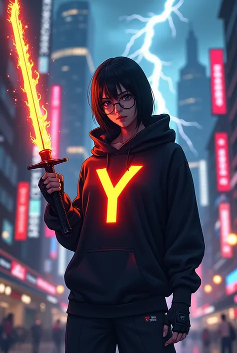 "An anime character standing in a futuristic urban setting at day , holding a flaming katana. The character wears a black hoddie with a glowing Y on the chest, futuristic sunglasses. Lightning crackles in the stormy sky above, with tall skyscrapers lit up ...