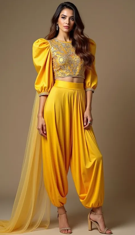 a tall and striking woman gold/brown wavy hair exudes confidence and charm with a flirtatious expression. she is adorned in a stunning punjabi style slimfit outfit featuring a yellow shimmer shiny metallic knit polyester fabric multicolor handwork on yoke ...