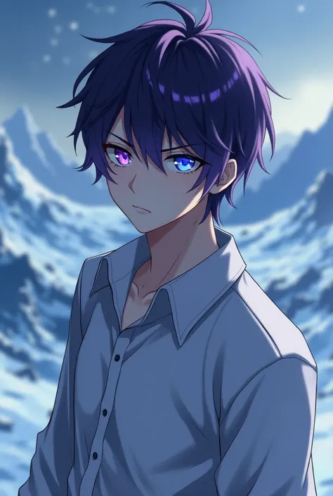  is an anime male  ,   regular purple tips , Purple left eye , Blue white eyes ,   wearing a grey-white long-sleeved shirt.,  extreme cold mood 