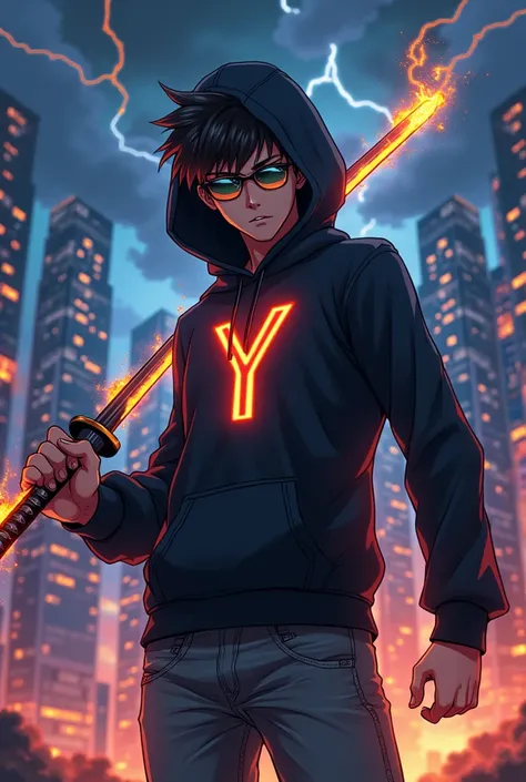 "An anime boy character standing in a futuristic urban setting at day , holding a flaming katana. The character wears a black hoddie with a glowing Y on the chest, futuristic sunglasses. Lightning crackles in the stormy sky above, with tall skyscrapers lit...