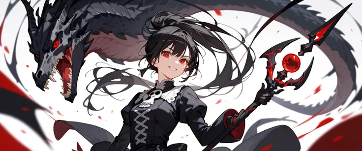 girl, black hair, thin hair, slightly white, in red eyes , pretty short hair , long ponytail , Evil, Black Dress with Long Sleeves Closure, Chestnut-sized, Black long-sleeved shirt , put on black gloves, with a slight smile, Staff , Cast Black Beam Spell,B...