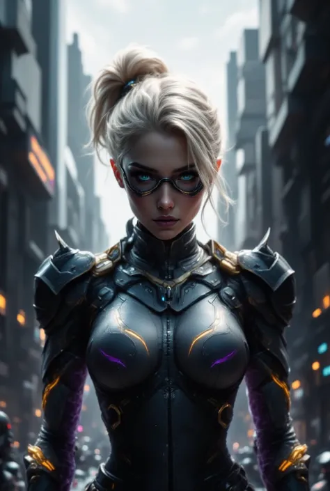 Female character, cyberpunk style, blonde hair in a bun, wearing sunglasses and headphones,  (detailed facial features:1.2), posing confidently, centered in the frame, facing the viewer,  (detailed outfit:1.1)  with a dark gray,  leather-like, armored top,...