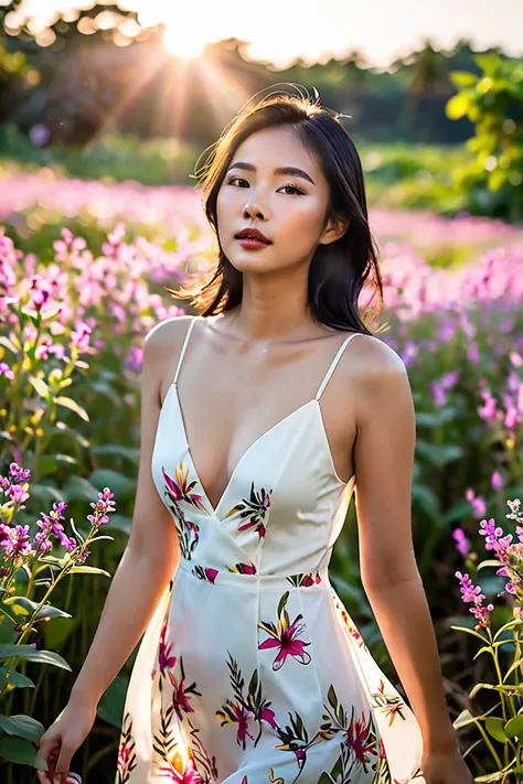 A Thai-Korean woman, 24 years old, perfect figure with D-cup breasts with jet black hair walks through a dense field of wildflowers. 
A sheer white deep v-necked short dress without a bra that flows and subtly reveals some of her breasts and nipples. Light...