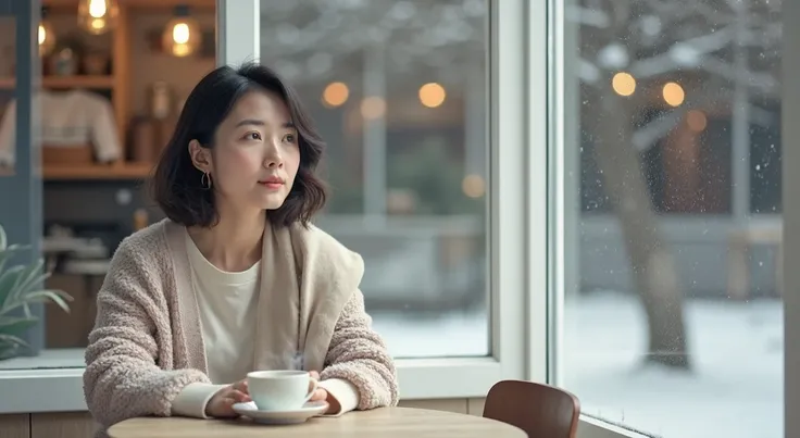  A beautiful Korean woman in her 50s (  charming gaze ),  natural skin texture,  Short Mid-length Hair ,  A soft, luxurious sweater in a pastel tone ,  Im wearing a light scarf on my shoulder .  warm lighting. 커피숍 Its snowing outside the window.  Sitting i...