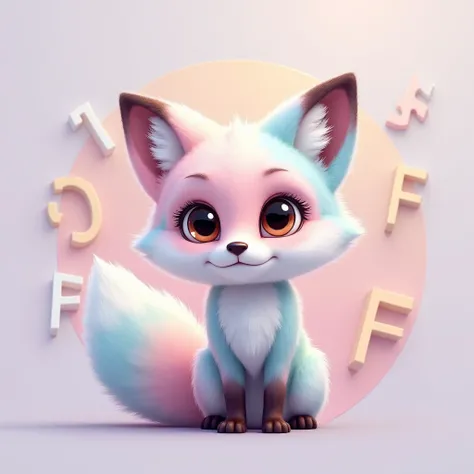 A hyper-realistic yet slightly stylized image of an adorable baby fox with soft, fluffy pastel-colored fur in shades of pink, blue, mint green, and white. The fox has an oversized, expressive face with large, sparkling eyes gazing straight at the viewer, w...