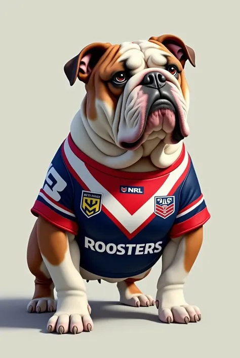 Bull dog wearing NRL-Roosters jersey 