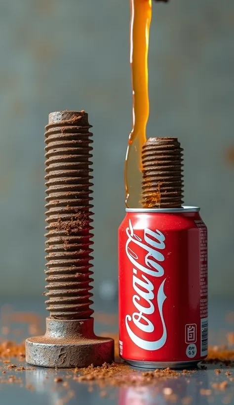  Image with rusty bolts on the left ,  and the same bolts on the right , only clean and new .  Orange liquid is pouring on the new ones and there is a red Coca Cola can next to it