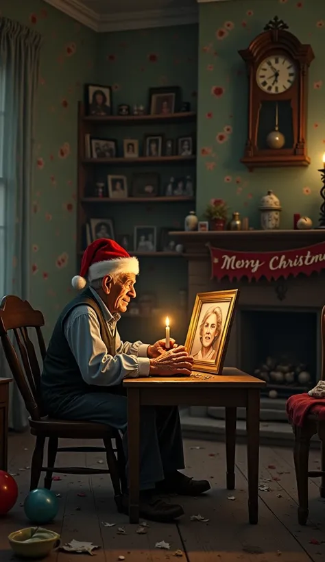 A detailed and emotionally evocative scene of a 90-year-old man sitting alone at a simple wooden table in a dimly lit living room. He wears a red and white Santa Claus hat, slightly tilted on his head, its festive appearance starkly contrasting with his gr...