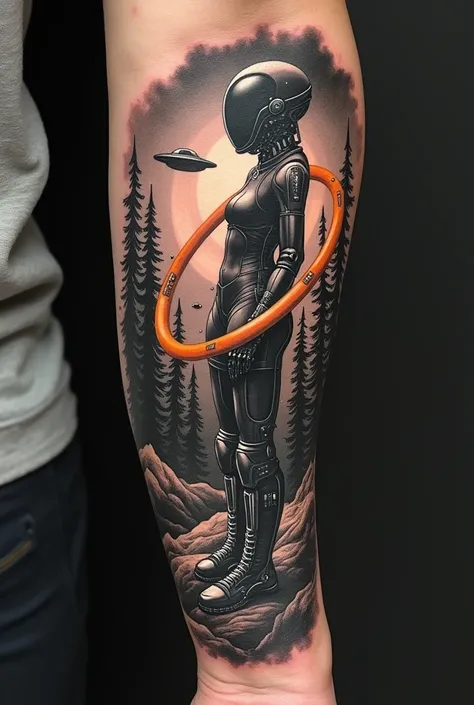  Create a realistic forearm tattoo .  In this image create a woman in a futuristic astronaut costume wearing a special boot with robotic props.  Create an alien in a futuristic transport watching this woman .  Create in black and gray .
 Scribble a huge or...