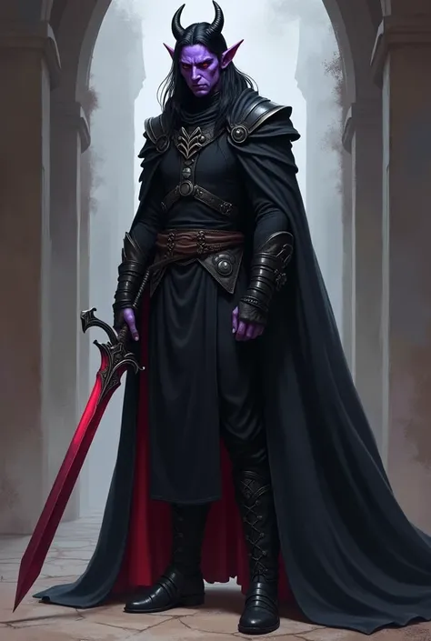  Do a full-body tiefling of purple skin ,  the horns that come out of his forehead are short and slightly curved upwards ,  his ears are pointed like those of an elf ,  It is thin and has an arrow-shaped tip,  his eyes are completely red and his long hair ...