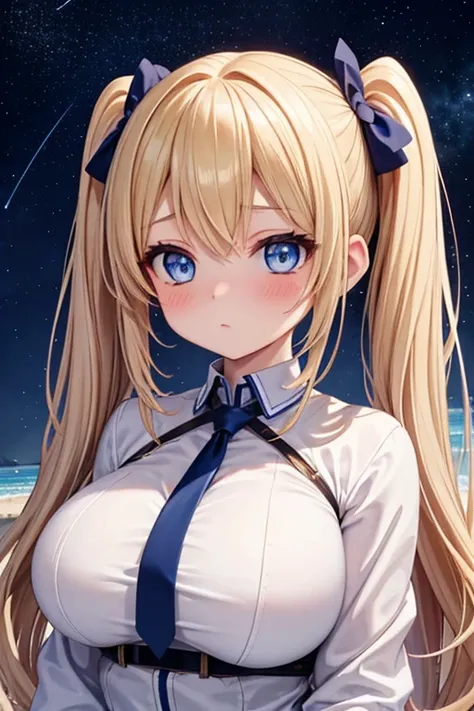  1 Beautiful Girl,20 years old, high definition , anatomically correct, medium hair,Big Breasts, with very big breasts , Light blush,  blue eyes,Blonde, twin tails, starry sky , Looking up at the sky,Warm clothes