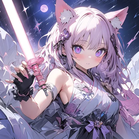  1 girl with cat ears and tail 、 Black Shorthair 、 small breasts、 floral kimono、Fingerless gloves、 garter ring、 has a lightsaber、 dynamic angle 、Purple Moon Night Town 、,( perfect anatomy ),( best quality), ( ultra hi-res), ( high definition ), (超 high def...