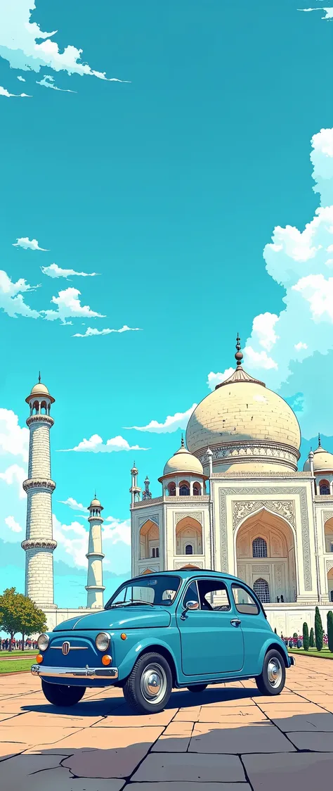 (  Masterpiece  :1.2,  top quality),(  very detailed),  anime style,8k,16k, wallpaper,Fiat 500, blue sky,(India:2.0),( Taj Mahal :2.0),( dynamic :2.0)