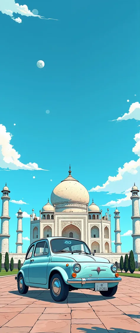 (  Masterpiece  :1.2,  top quality),(  very detailed),  anime style,8k,16k, wallpaper,Fiat 500, blue sky,(India:2.0),( Taj Mahal :2.0),( dynamic :2.0)