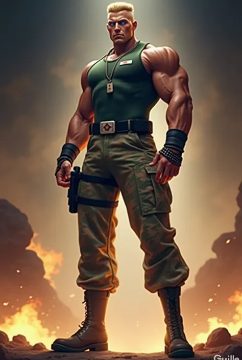 Guile is an imposing man ,  muscular and in excellent physical shape ,  reflecting his rigorous military training .  He has an iconic hairstyle in the shape of a “flattop”  (military court) blonde,  which has become one of his registered trademarks .  His ...