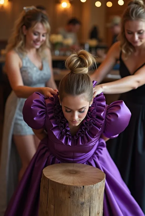 (realistic photograph sideways close up), (an accommodating beautiful Caucasian lady with (messy hair bun) and wearing (shiny purple glamorous silk dress with (long gigantic puff sleeves), (and with an ultra high tight stand-up collar up to her cheeks) (wi...