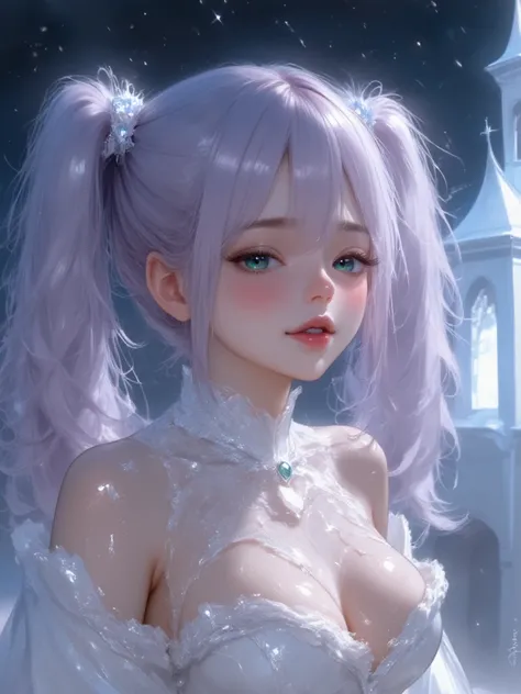 portrait.("joyful excited laughter."),("A elf","pure pale purple twin-tails hair."),("clear emerald green eyes."),("Background of pure white church shining with magic."),("pure white wedding dress"),("joyful grateful laughter"),("her mouth wide open."),("S...