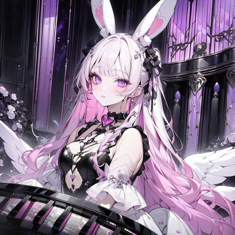 , beautiful angel々）, sexy beautiful, heart shaped choker, (masterpiece, highest quality), official art, beautiful and aesthetic: 1.2), (1 girl), very detailed, (black and white art: 1.3), pink purple colorful, pink long hair, rabbit ear, half body, angel w...