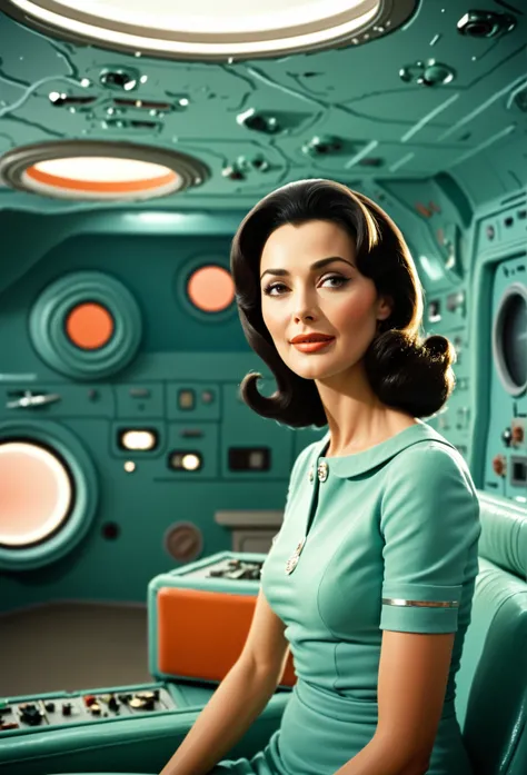 Monica Bellucci、 with a smile、((( giant giant spaceship interior image )))  huge interior image of an old spaceship appearing in a 1960s TV series, (((( muted color , Serious color )))), Lost in space ,  republic series ,   Irwin Allen TV show  ,  Sci-fi ,...