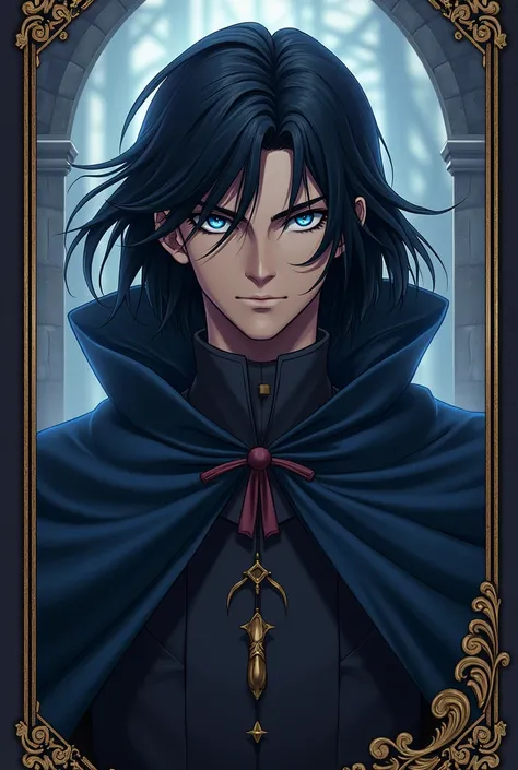 cloak，handsome boy face,blue eyes,yugioh card frame,black long hair