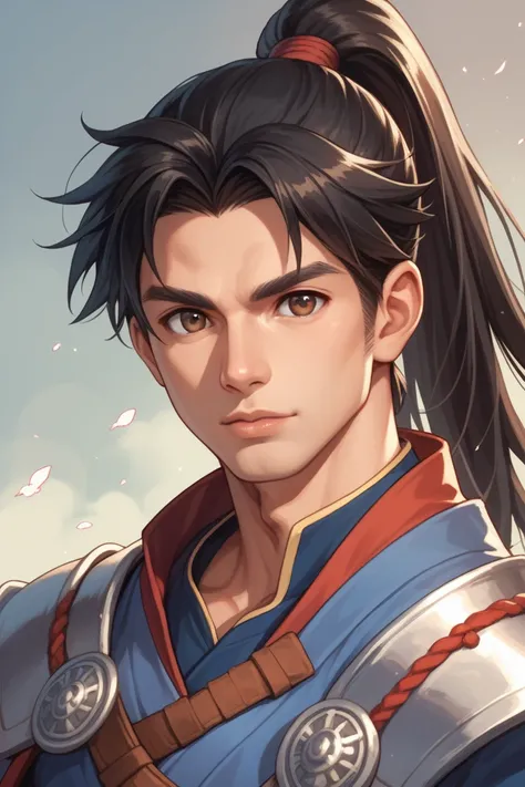 1man, cute, young man, adult, black hair, brown eyes, ponytail hair, anime fringe, lips, samurai battlemage, fantasy, RPG, light armor