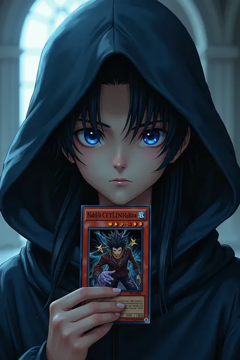 Handsome boy face,Blue eyes,cloak,yugioh card,black long hair