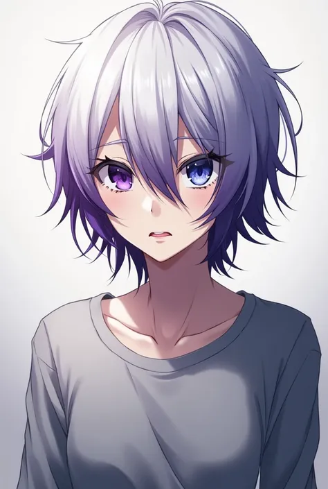  is an anime male  ,  Short white hair with purple tips, Purple left eye , Blue white eyes ,   wearing a grey-white long-sleeved shirt.,  extreme cold mood 