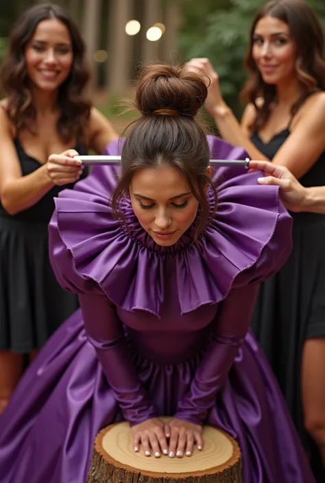 (realistic photograph sideways close up), (an accommodating beautiful Caucasian lady with (messy hair bun) and wearing (shiny purple glamorous silk dress with (long gigantic puff sleeves), (and with an ultra high tight stand-up collar up to her cheeks) (wi...