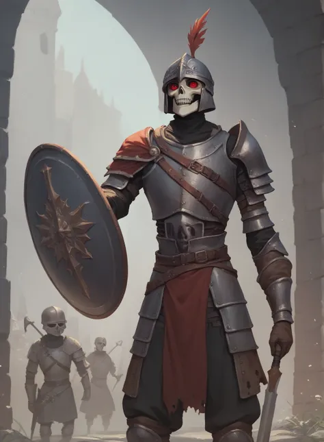 skeleton warrior, dark fantasy, shield, helmet, dark dungeon in background, red eyes, medieval, 