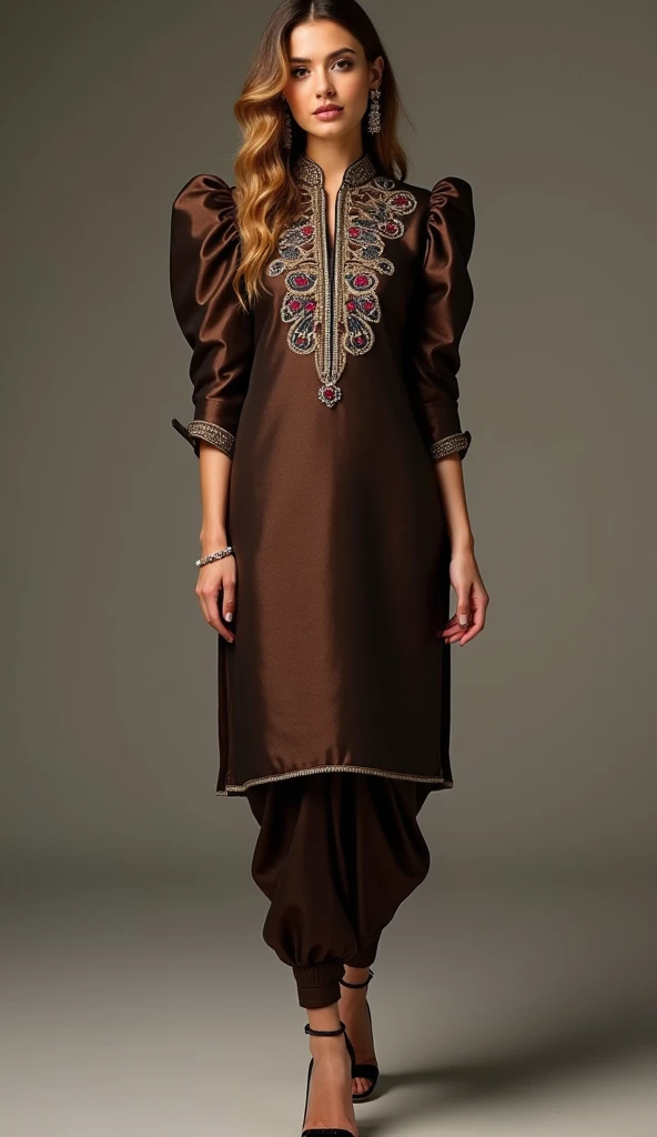 a tall and striking woman gold/brown wavy hair exudes confidence and charm with a flirtatious expression. she is adorned in a stunning punjabi style slimfit outfit featuring a dark brown shimmer shiny metallic knit polyester fabric multicolor handwork on y...