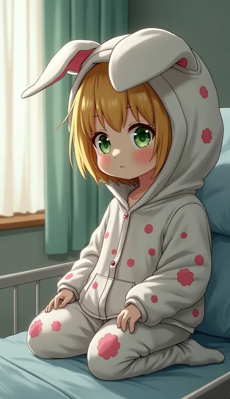  1 girl ,  Grown Ups,Dark yellow hair, hospital bed ,Baggyな服, high definition , masterpiece, accurate,  very detailed,  textured skin, reality, short hair ,Fluffy,Baggy,ren&#39;s Bras,, smaller breasts, rabbit costume pajamas, bob hair,big hood,black and w...