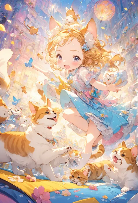  top quality,  very nice, 16k, Ridiculous,  very detailed, 2.5D,  Delicate and Dynamic Depiction , dog, A cat and a girl are playing together, Cute picture book style illustrations, Soft and vibrant color effects