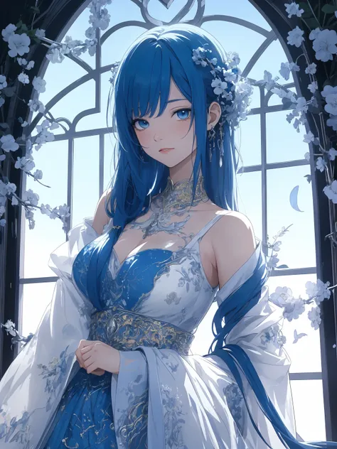  Ultra-fine intricate 3D rendering of beautiful anime characters , Beautiful soft studio lighting , Soft Light,  lifelike details ,luxury, lace, Ultra-realistic,  Blue Hair ,  showing intimate parts of a surreal medieval world, Window broken behind ridicul...