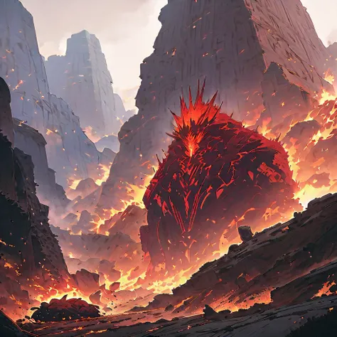 {  top quality}, {  so pretty }, {  super detailed}, {  best illustrations }Fire Giant, fire ゴーレム creature,  Ruins of the Stone Colossus , Fire Attribute,  A giant sentry has crashed to Earth,  Call of Fire Armor ,  Detailed Hot Mow , Fire Ball Fist ,  God...