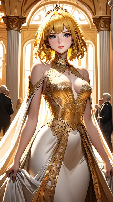 (1girl, regal and statuesque woman, adorable face, medium length hair, golden hair:1.2), (best quality, highres, anime style, digital drawing mode, realistic:1.1), piercing grey eyes, glowing radiant skin, wearing coronation gown and state robe with ornate...