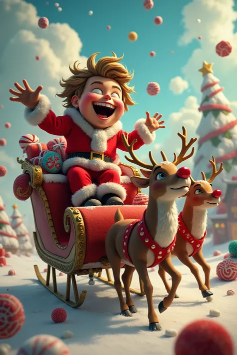 Messy with smiling riding a deluxe with three rein deers wearing santa  dress  some football and sweets