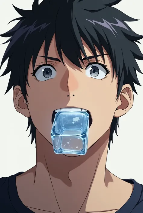 A man hold ice cube in his mouth. His mouth is clearly seen Anime pic look realistic