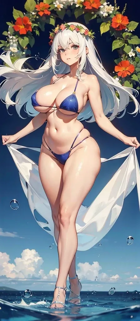 close up，身体close up， focus on the models figure，Stand in the center of the stage ，standing ，Swimsuit Model，Long Legs，Fleshy thighs，Thick thighs， bikini，wreath，Bubbles， fleshy breasts ，big breasts thick ，Big round breasts， huge breasts ， , sexy body，big nat...