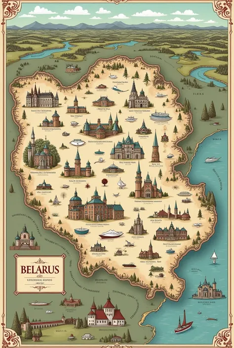 drawing a map of Belarus depicting sights and symbols 