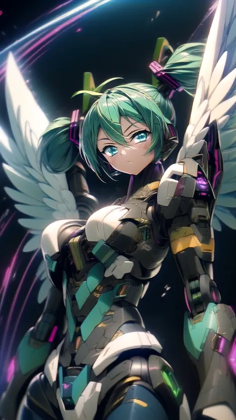    Masterpiece   , Hatsune Miku VOCALOID, ((Mecha Girl)),   twin tails,   light blue eyes  , Light blue hair ,   Bodysuit  , ((  Angel Wings  )), (Mecha Girl), ((   cyberpunk   )),   Ultimate Physical Beauty ,    beautiful eyes  , Big Breasts , Big Breasts...