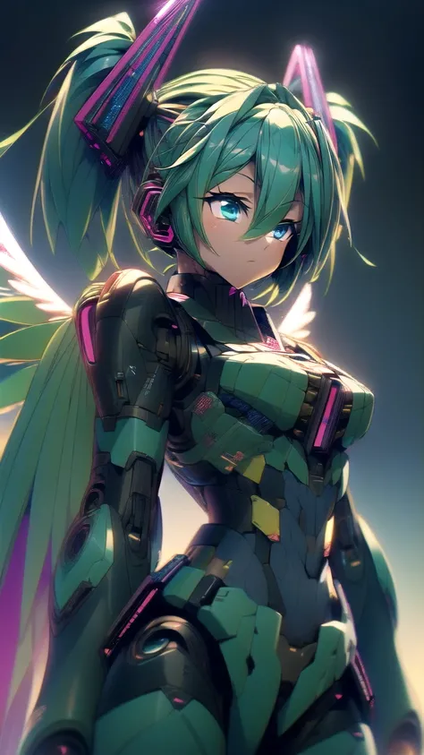    Masterpiece   , Hatsune Miku VOCALOID, ((Mecha Girl)),   twin tails,   light blue eyes  , Light blue hair ,   Bodysuit  , ((  Angel Wings  )), (Mecha Girl), ((   cyberpunk   )),   Ultimate Physical Beauty ,    beautiful eyes  , Big Breasts , Big Breasts...