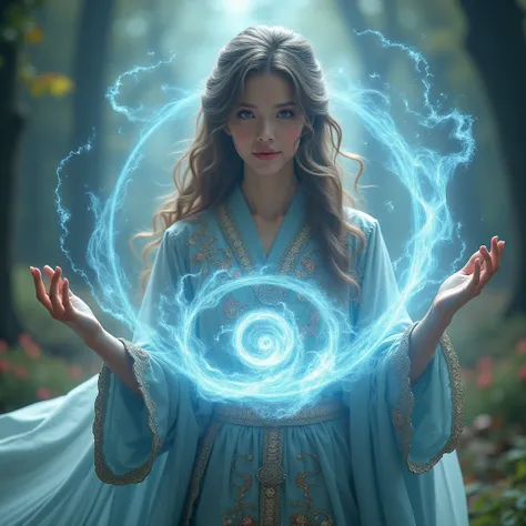 A beautiful magician girl in a magic robe holds a vortex of air in her hands