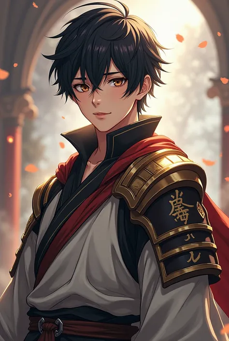 1man, cute, young man, adult, black hair, brown eyes, short-medium hair, anime fringe, lips, samurai battlemage, fantasy, RPG, light armor