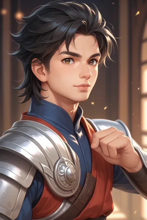 1man, cute, young man, adult, black hair, brown eyes, short-medium hair, anime fringe, lips, samurai battlemage, fantasy, RPG, light armor