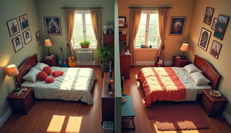  the image shows two bedrooms separated by a wall , the first bedroom has a king size bed and an open window, It is of an adult woman , The second room has a bed and a closed window and belongs to a girl who likes music and is decorated with guitars, poste...